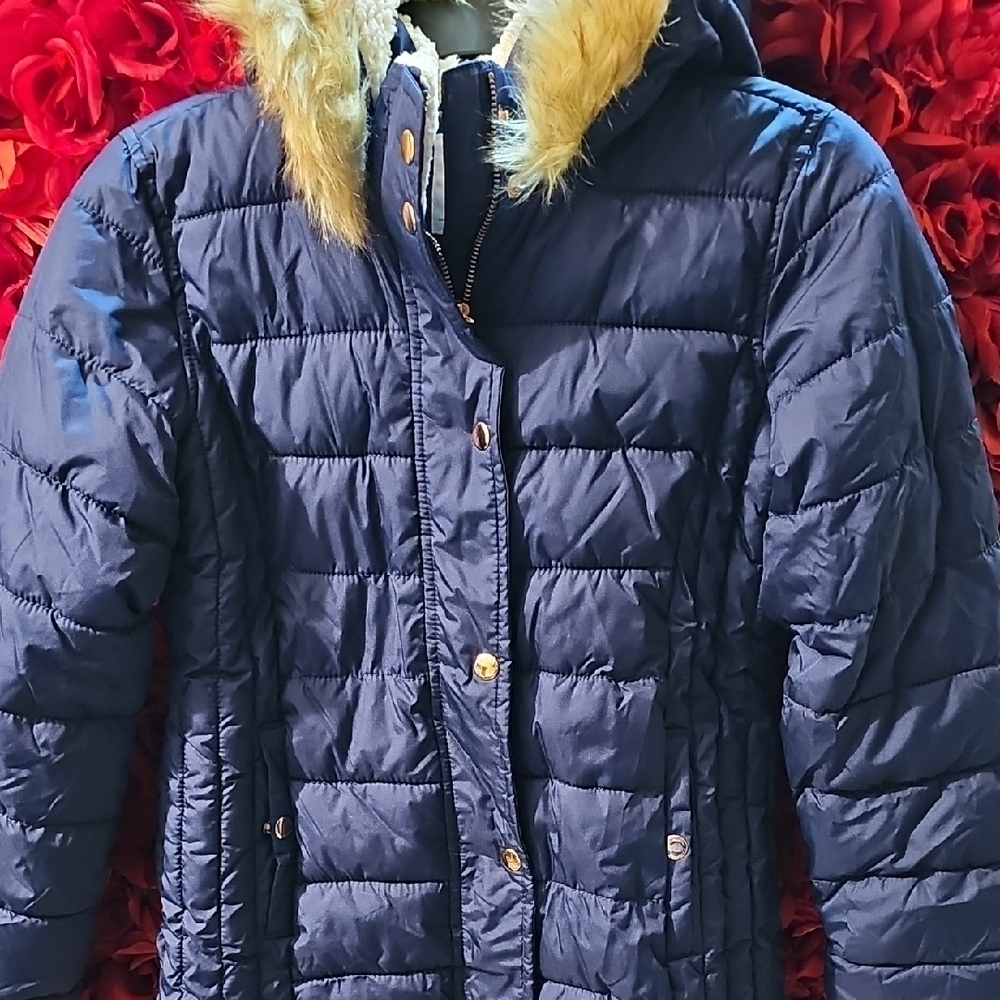Old Navy Girl's Navy Fleece Quilted Jacket with Faux Fur Hood Size XLarge (14)